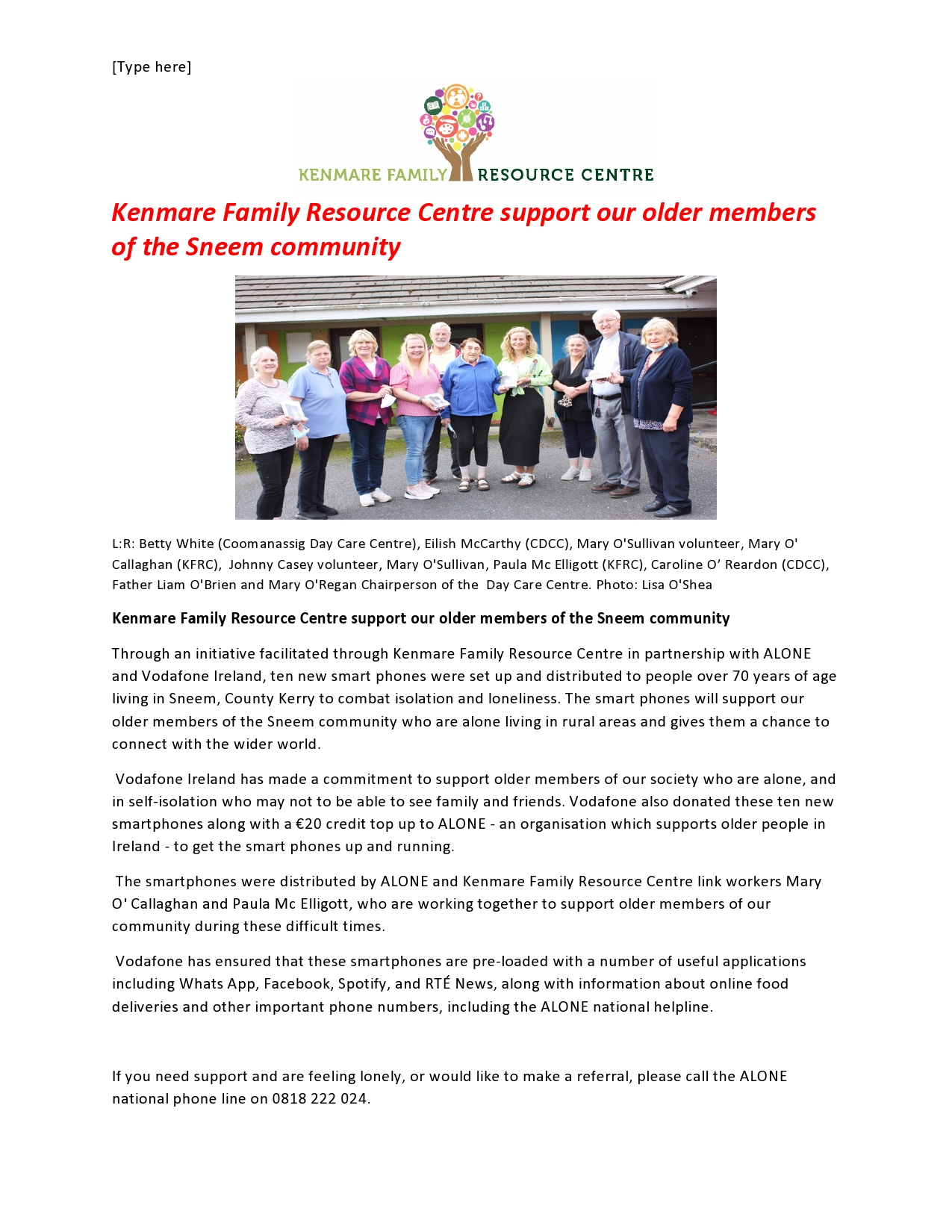 Kenmare Family Resource Centre support our older members of the Sneem community page0001